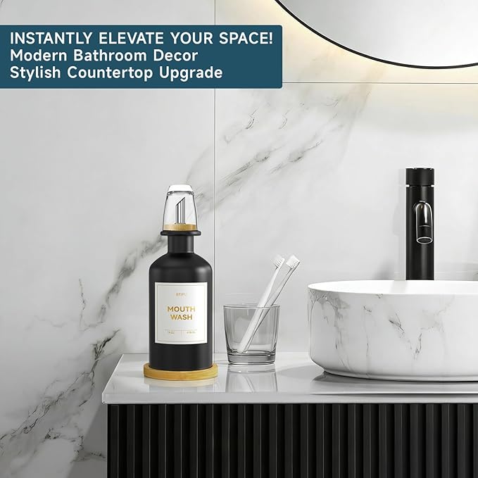 Black Glass Mouthwash Dispenser for Bathroom Countertop – 14oz/410ml Refillable Mouthwash Container with Glass Cup & Bamboo Tray, Modern Bathroom Decor for Home, Office, Airbnb (Black)
