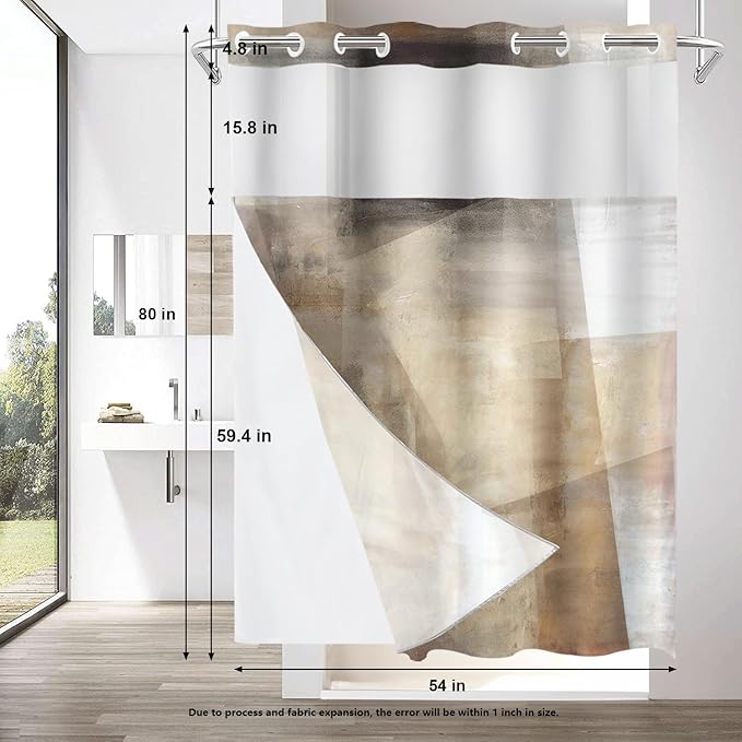 Shrahala Brown Abstract Art No Hooks Shower Curtain with Snap in Liner Set, Beige Painting Bathroom Décor Polyester Fiber Waterproof for Stall Bathtubs 54 X 80 in
