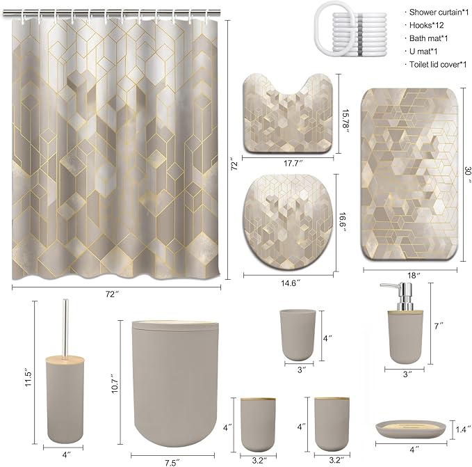 Lnond Beige Bathroom Set, Beige Abstract Cubes Bathroom Accessories Sets Complete, Luxury Restroom Set with Shower Curtain and Rugs, Trash Can, Toilet Brush Holder Set & Soap Dispenser