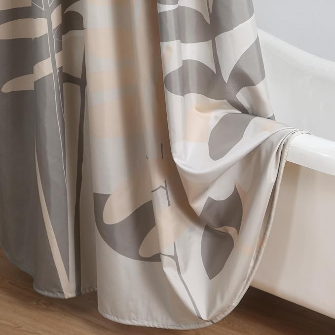 Long Fabric Shower Curtain, Gray and Tan Tropic Botanical Plant Shower Curtains for Bathroom, Modern Decorative Bathroom Curtains, 78“ W x 78” H