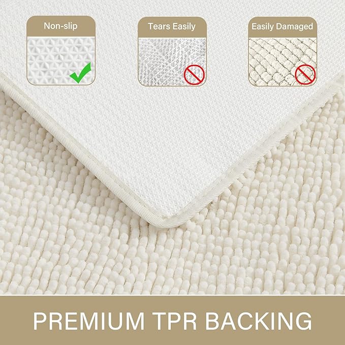 LOCHAS Luxury Bathroom Rug Shaggy Bath Mat 24 x 48 Inch, Washable Non Slip Bath Rugs for Bathroom Shower, Soft Plush Chenille Absorbent Carpets Mats, Cream White