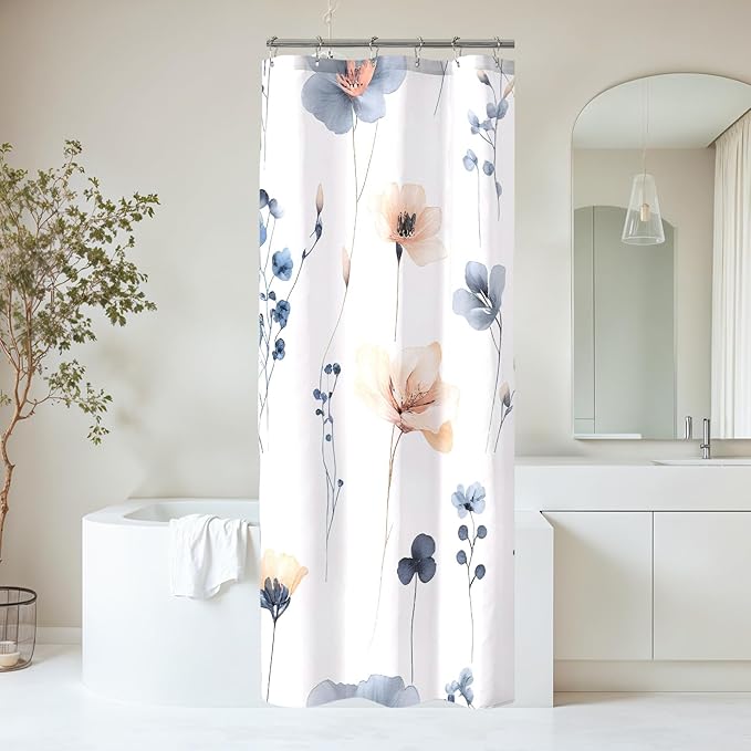 Blue Beige Floral Shower Curtain, Watercolor Flower Shower Curtains for Bathroom, Modern Minimalist Waterproof Fabric Bath Decoration 36x72 Inch