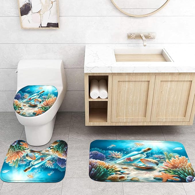 Yizheer 4Pcs Drift Bottle Shower Curtain Sets,Shell Pearl Jellyfish Ocean Scenery Marine Theme Bathroom Curtain with Rugs, Toilet Lid Cover and Bath Mat
