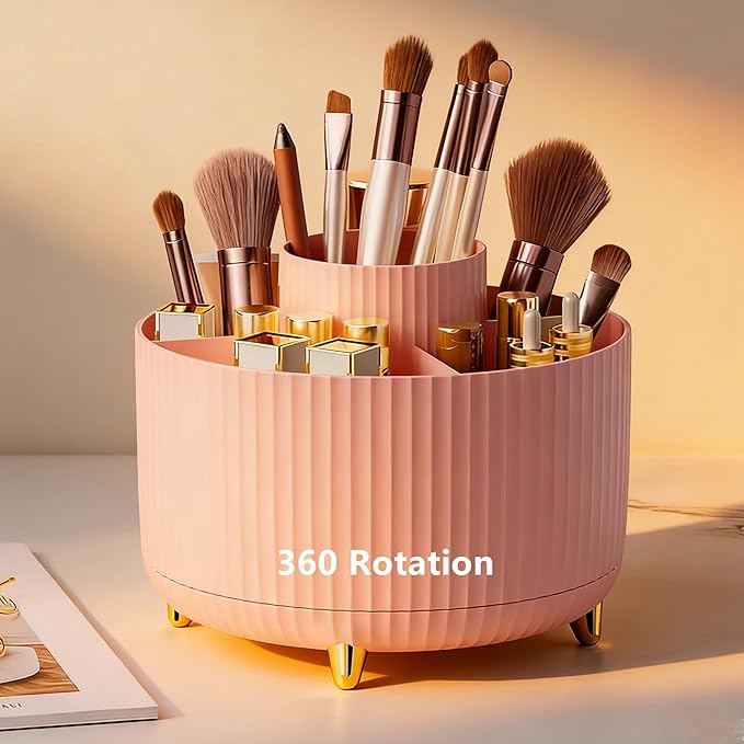360 Degree Rotating Makeup Brush Holder Organizer Detachable Design 5 Slot Make up Brushes Cup for Cosmetics and Pencil Pen Organizer for Desk Makeup Organizer Skincare Storage for Vanity (pink2)