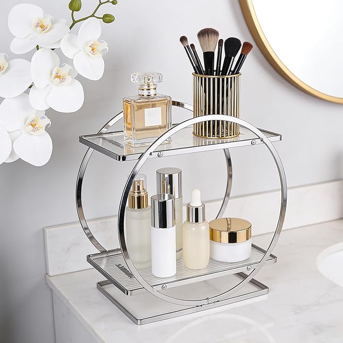 BO2704 2 Tier Bathroom Organizer, Perfume Organizer for Dresser, Silver