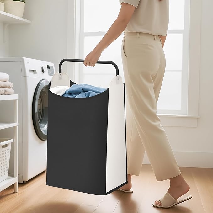 STORAGE MANIAC 2 Pack Large Laundry Hamper with Sturdy Metal Handle, Collapsible Laundry Basket, Freestanding Waterproof Clothes Hamper for Laundry Room, Bedroom, Dorm, Towels, Toys, Black & White