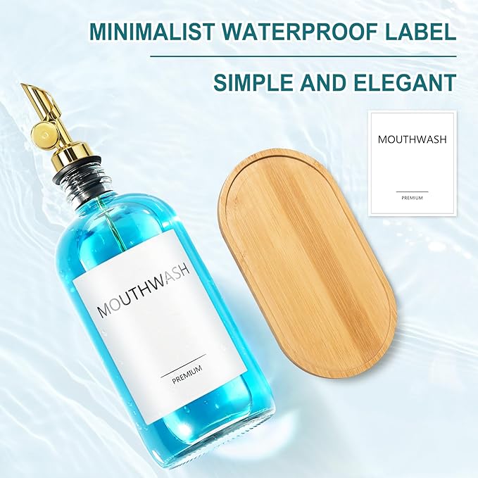 Mouthwash Dispenser for Bathroom, Glass Mouthwash Dispenser with Cup, Mouth Wash Container Bottle with Cup, Refillable Mouthwash Decanter, Clear, 1 Pack, 17oz, with Wooden Tray