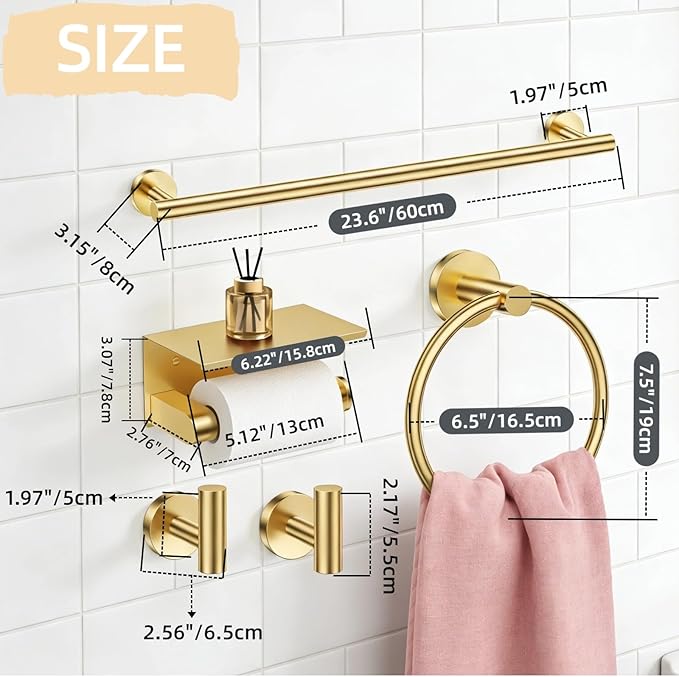 5Pcs Brushed Gold Bathroom Hardware Accessories, 24 Inch Bath Towel Bar Set, Toilet Paper Holder with Shelf, Stainless Steel Wall Mounted Towel Rack Set, Center Section Removable
