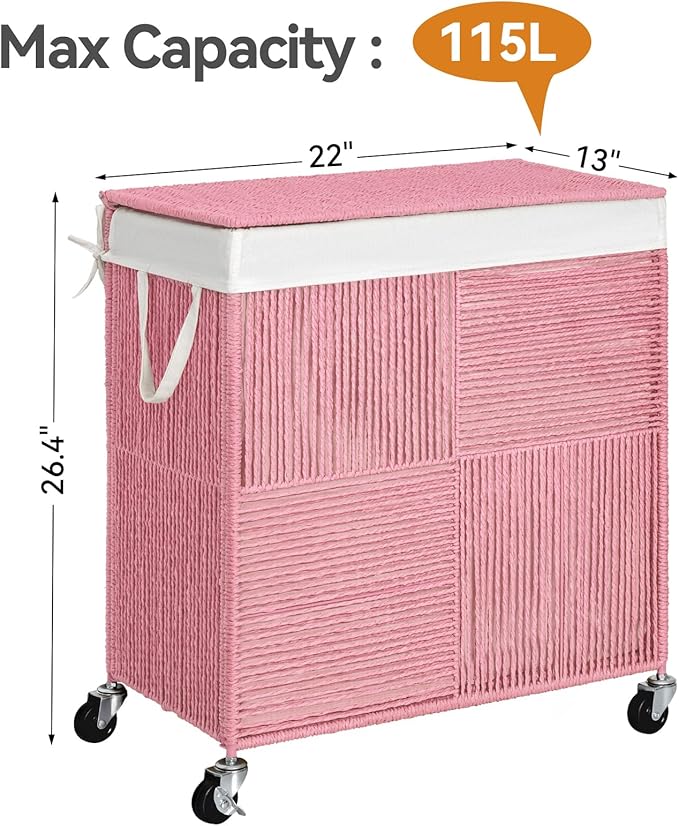 WOWLIVE Double Laundry Hamper with Lid, Handwoven Rolling Laundry Basket with Wheels, 115L Dirty Clothes Hamper with Removable Liner Bag Large Capacity Laundry Sorter Laundry Room Organization,Pink
