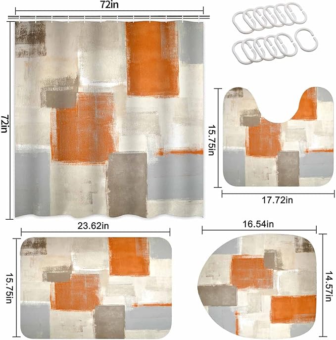 Lnond 4Pcs Bathroom Shower Curtain Sets with Rugs,Orange Modern Painting Art Bathroom Sets with Shower Curtain and Rugs and Accessories