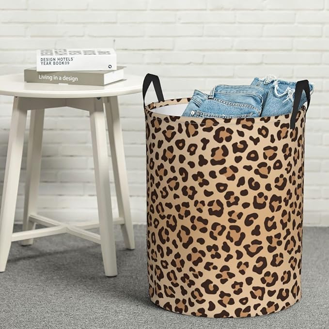 Leopard Print Round Laundry Hamper Animal Skin Texture Storage Basket Toys Clothes Organizer Bin For Home Bathroom Bedroom Dorm Nursery, 62l