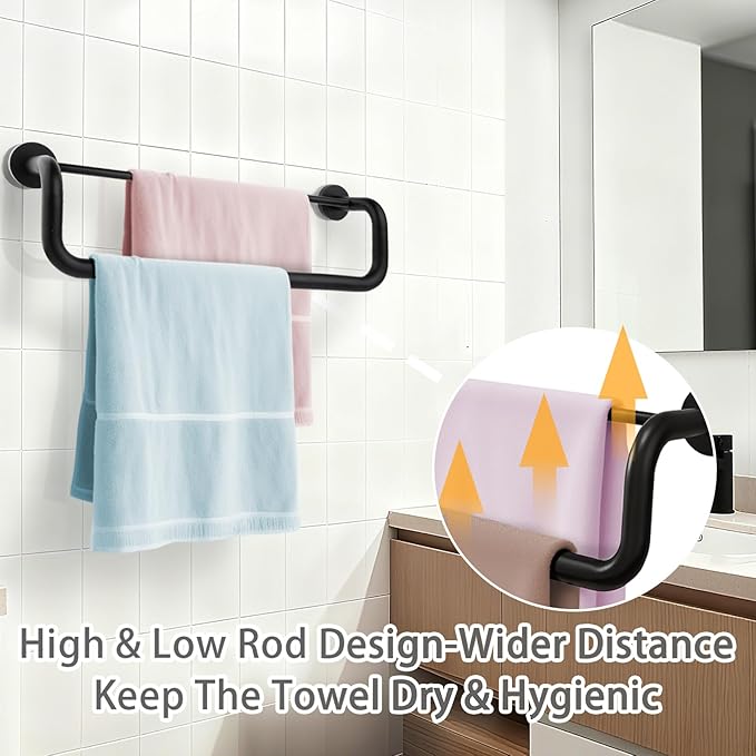 Double Towel Bar,Double Towel Rack for Bathroom,16 Inch Matte Black Towel Holder,Towel Rack for Bathroom Wall Mounted,SUS304 Stainless Steel Easy to Install