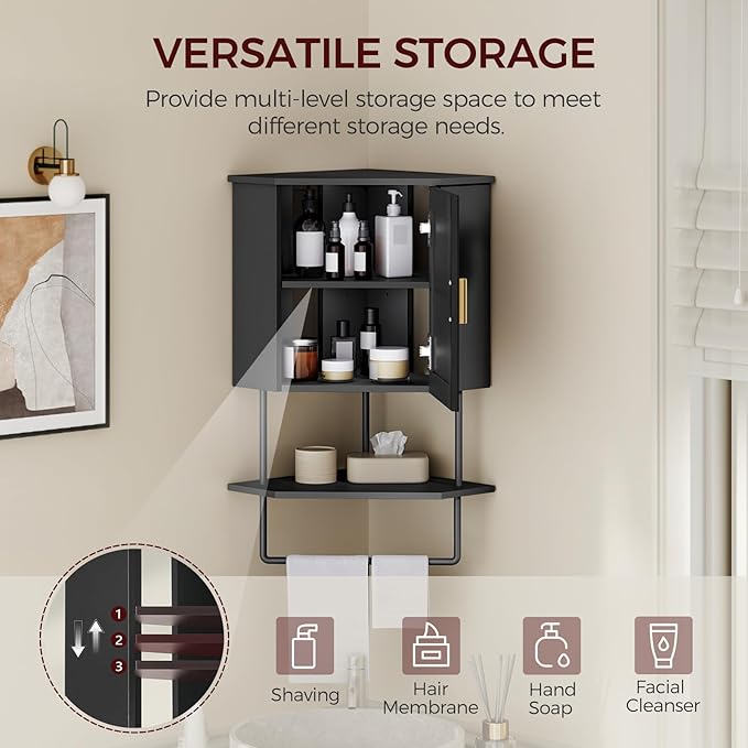 MAHANCRIS Bathroom Wall Cabinet, Corner Wall Mount Medicine Cabinet with Adjustable Shelf & Towel Bar, 3-Tier Over Toilet Storage Cabinets for Bathroom Laundry Room Kitchen, for Small Space, Black
