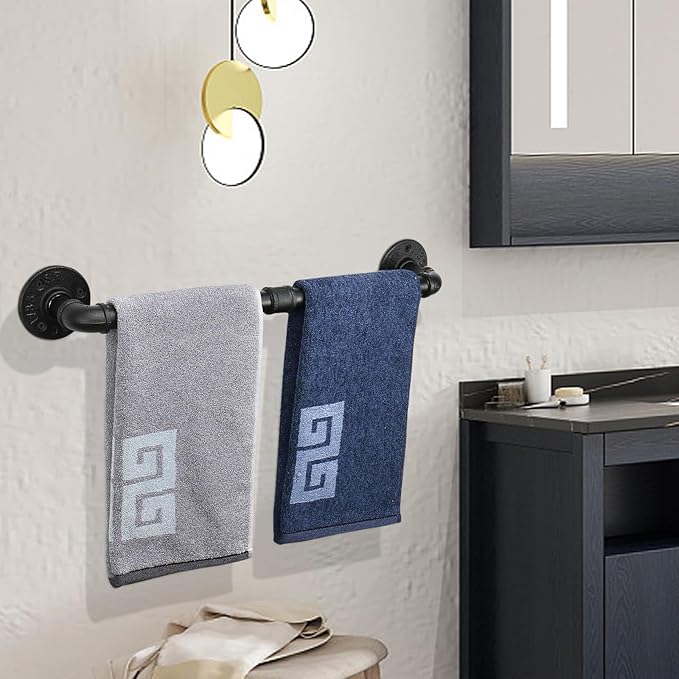 NearMoon Industrial Pipe Towel Bar, Heavy Duty Bathroom Hardware Towel Holder Accessory, Wall Mounted DIY Rustic Iron Bathroom Towel Rack Holder (18 Inch, Black)