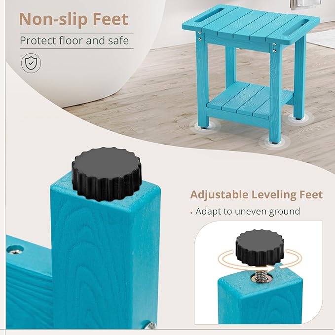 LUE BONA HDPS Shower Bench Seat, Sky Blue Shower Benches for Inside Shower with Shelf, Waterproof Shower Chair Foot Stool for Spa Bathroom, Weather Resistant/Non-Slip/Handles/Indoor or Outdoor Use