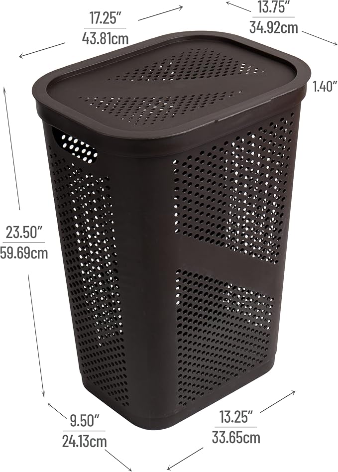 Mind Reader 60L Slim Laundry Hamper, Clothes Basket, Lid, Ventilated, Plastic, 17.25"L x 13.75"W x 23.5"H, Set of 2, Brown