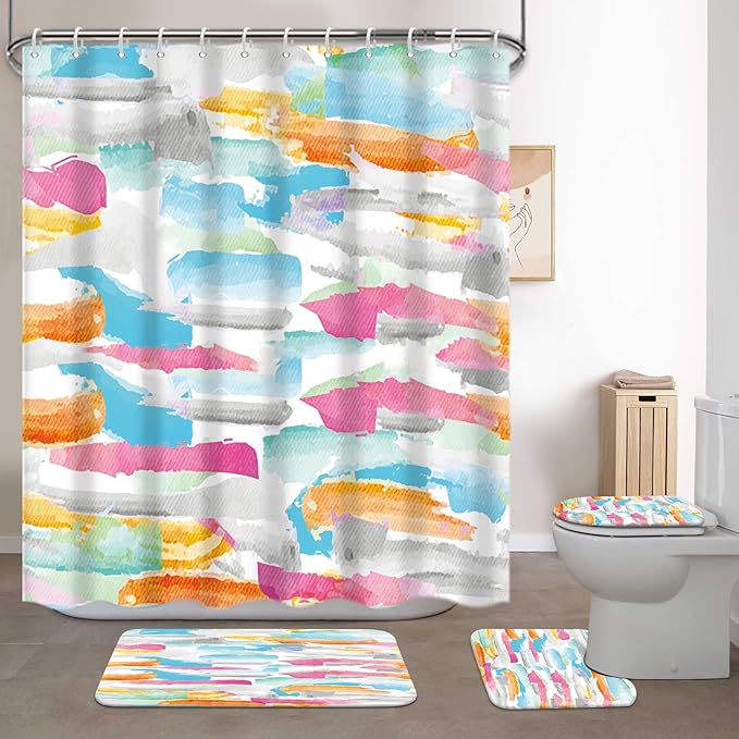 Lnond 4Pcs Abstract Shower Curtain Sets with Rugs, Watercolor Geometric Paint Bathroom Sets with Shower Curtain and Rugs and Accessories