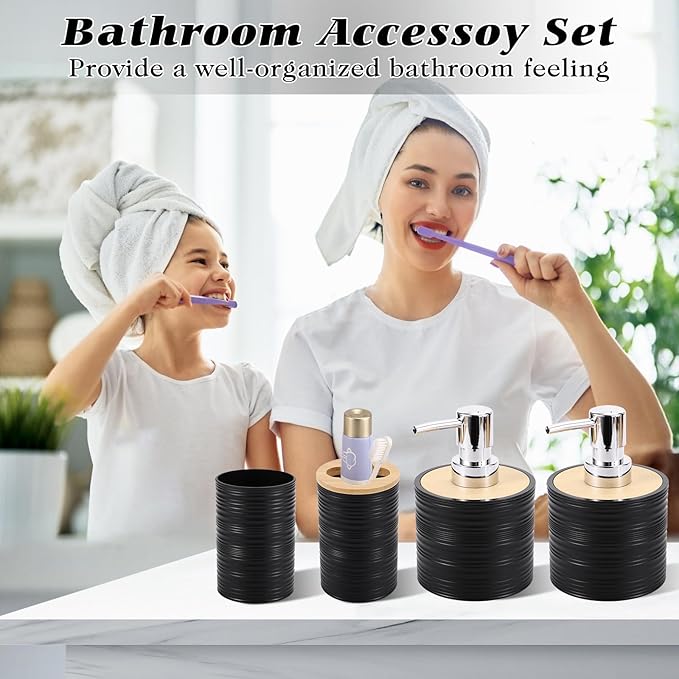 XLHOMO Bathroom Set - Black Bathroom Accessories Set, Bathroom Sets with Shower Curtain and Rugs, 25PC Shower Curtain Set with Hooks, Soap Dispenser, Soap Dish, Toilet Brush Holder and Trash Can