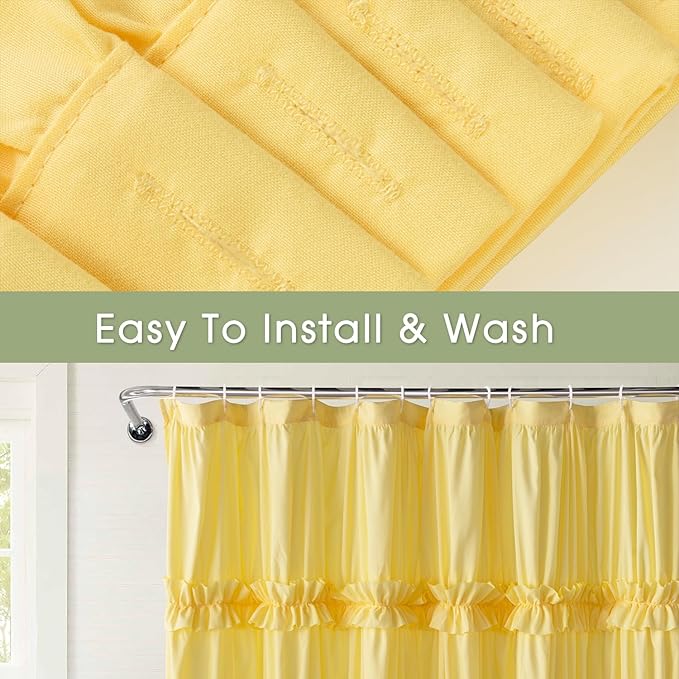 Farmhouse Ruffle Shower Curtain with Handmade Ruched, Vintage Ruffled Fabric Bathroom Curtains, Decorative Elegant Bathroom Curtain with 12 Holes, Bright Yellow, 72" W x 72" H(N60049)