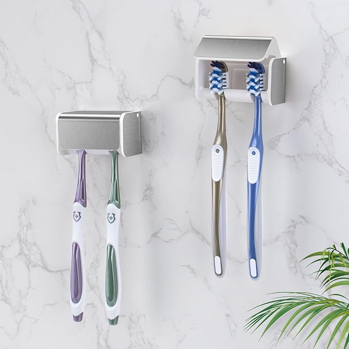 PARKMANI 2 PCS Toothbrush Holders Wall Mounted with Cover, Electric Tooth Brushing Holder for Bathroom, 2 Slots Self Adhesive Toothbrush Organizer for Family, Kids (2, Brushed Silver)