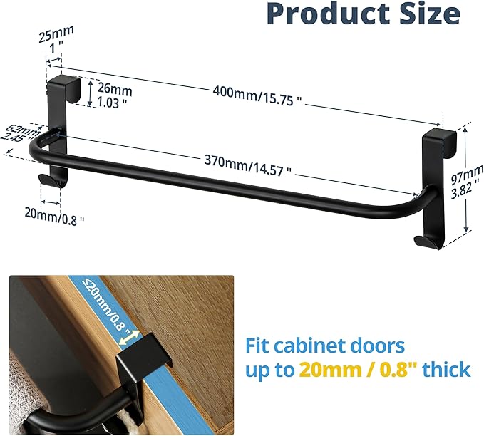SAYAYO Over Cabinet Towel Bar Black, 15 Inch Kitchen Towel Holder with 2 Hooks, Over The Cupboard Door Dish Towel Rack, 2 Pcs (16 Inch Total Length)