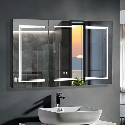 Karl home 48x28 Inch 3 Doors Bathroom Medicine Cabinet with LED Mirror, 3 Color Wall Mounted Dimmable Bathroom Cabinet with 3-Tier Storage Shelves, Anti-Fog, USB Charge, Black