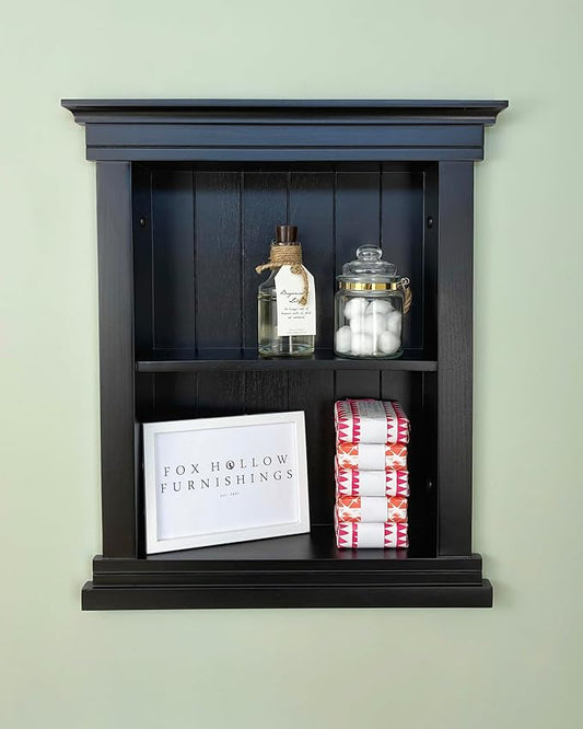 Fox Hollow Furnishings 14x18 Elliot Craftsman Recessed Wood Wall Niche, Open Medicine Cabinet Replacement, in The Wall Bathroom Cabinet Insert Shelves, Made in North America, NO MDF, Beadboard, Black