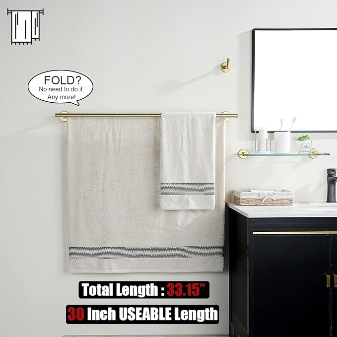 JQK Double Bath Towel Bar, Brushed Gold 33 Inch 304 Stainless Steel Thicken 0.8mm Towel Rack for Bathroom, Towel Holder Wall Mount, Useable Length 30 Inch 2 Pack, TB100L30-BG-P2