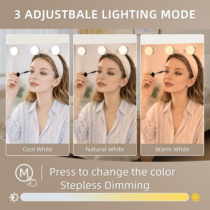 Large Vanity Mirror with Lights, 26"x20.87" Hollywood Mirror with 10X Magnification, 18 Dimmable LED Bulbs & 3 Color Lighting Modes Makeup Vanity Mirror for Desk Wall-Mounted