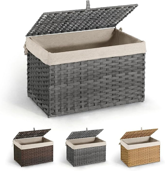 CAPHAUS Laundry Basket w/Lid, Synthetic Rattan Laundry Hamper w/Lid and Handles, 2 Removable Liner Bags, Foldable Clothes Hamper for Laundry, Large Storage Basket w/Lid, 105L, Grey