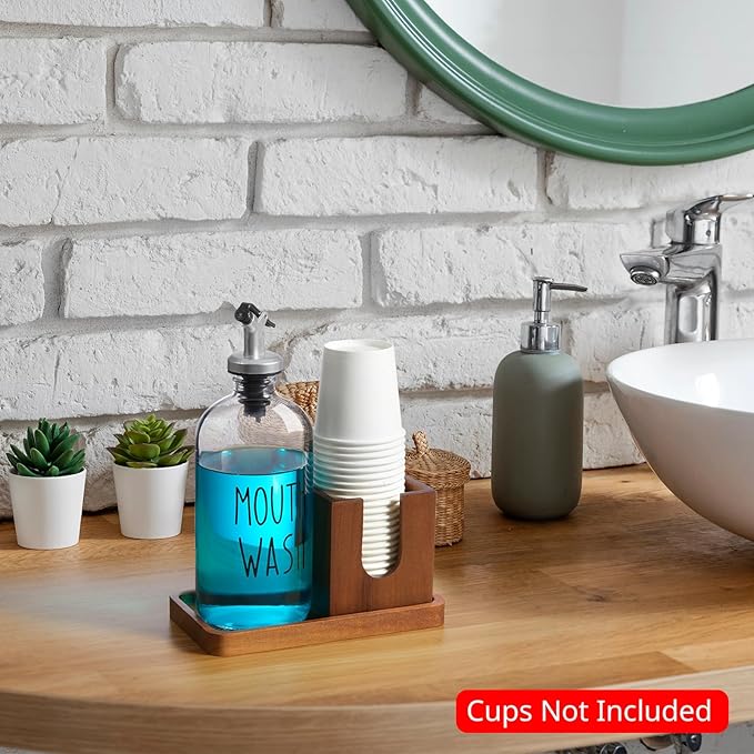 Glass Mouthwash Dispenser for Bathroom, 16 OZ Mouthwash Dispenser with Pour Spout and Acacia Wood Cup Holder and Tray, Mouth Wash Bottle Container, Farmhouse Kitchen Bathroom Decor and Accessories
