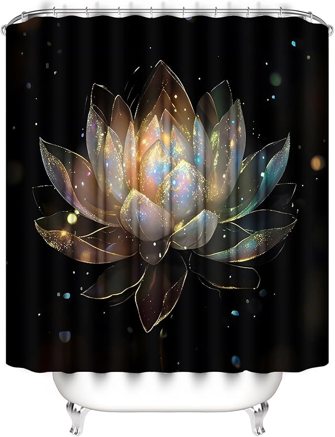 AZHM 4PCS Lotus Shower Curtain Set Black and Gold Flower Bathroom Decor Sets with Shower Curtain and Rugs and Accessories with 12 Hooks for Toilet