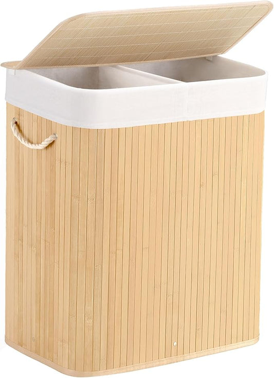 Aliphon 100L Laundry Hamper with lid, 2-Section Clothes Laundry Basket with Handles, Large Collapsible Bamboo Baskets for Bedroom, Bathroom, Dorm, Natural Beige
