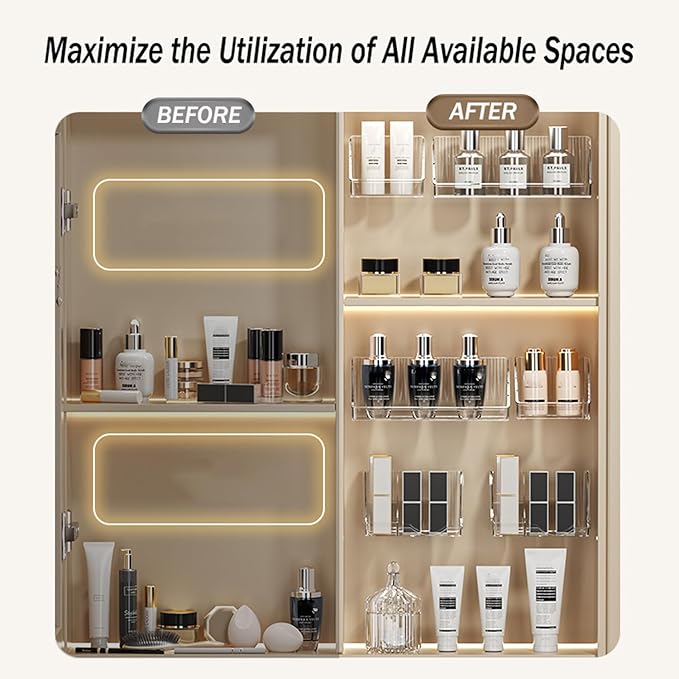 MORNITE 6 Pcs Medicine Cabinet Tray Organizer, Bathroom Vanity Toilet Cabinet Inside Shelves Storage Holder for Skincare Perfume Lipsticks Jewelry Brushes, Plastic Clear