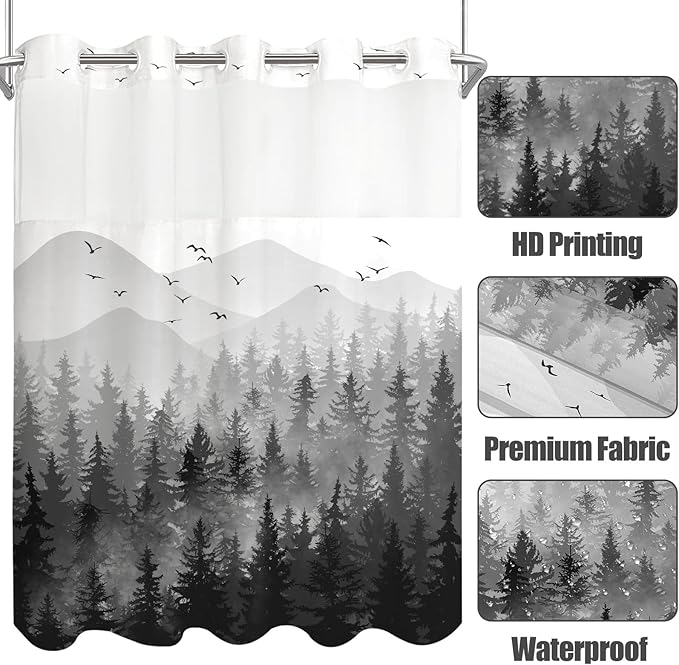 Accnicc No Hook Shower Curtain with Snap in Liner Black Gray Misty Forest Hookless Shower Curtains for Bathroom Foggy Nature Pine Tree Mountain Woodland Waterproof Fabric Bath Curtain Decor 71×74In