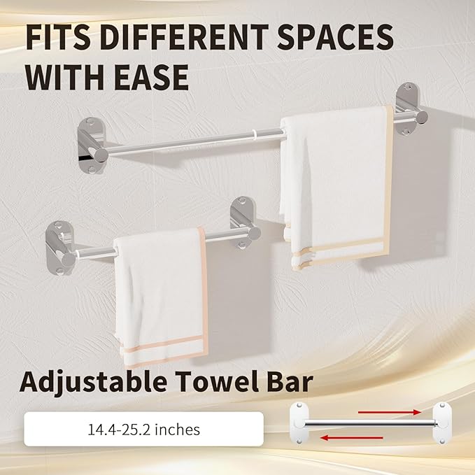 5-Piece Bathroom Hardware Accessories Set, Self-Adhesive & Wall Mounted SUS304 Stainless Steel Towel Bar Set, Adjustable Towel Bar, Towel Ring, Toilet Paper Holder & 2 Hooks(Chrome)