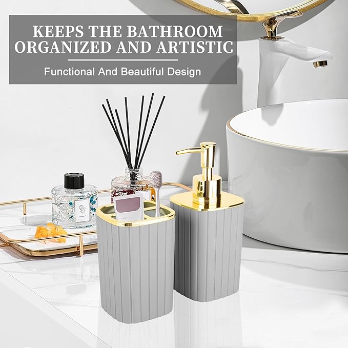 2PCS Bathroom Accessories Set, Grey Bathroom Accessories Include Soap Dispenser and Toothbrush Holder for Boho Bathroom Decor