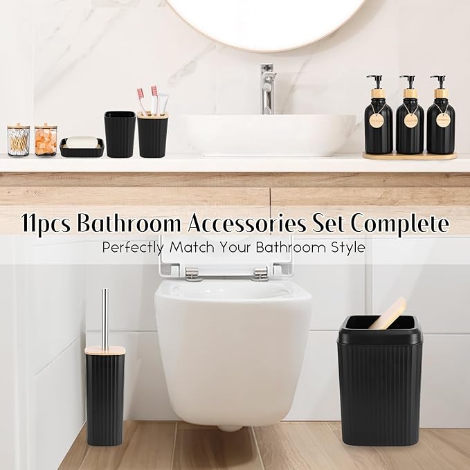 XLHOMO Black Bathroom Accessories Set 17PCS Bathroom Set with 3PCS Soap Dispenser Bathroom Accessory Set Black Trash Can for Bathroom Decor