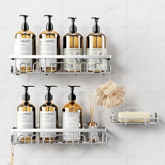 Shower Caddy, 3 Pack Shower Shelves for Inside Bathroom, Rustproof Adhesive Bathroom Organizer with Soap Holder, No Drilling Washroom Organizers and Storage for Tub Room/Kitchen/Home, Silver