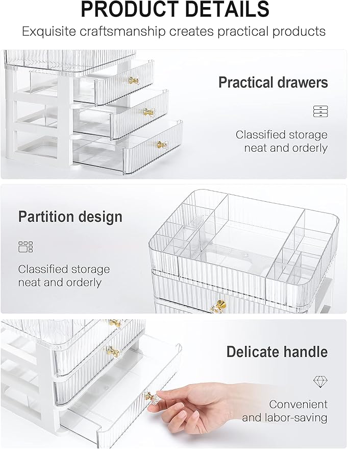 GORET Makeup Organizer for Vanity, Large Capacity Acrylic Makeup Organizers with 3 Drawers for Bathroom Countertop Cosmetics Perfume Skincare Lipstick Eyeshadow Makeup Brushes Storage Holder