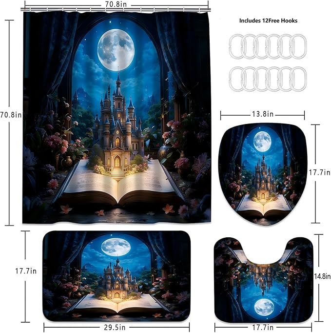 Yizheer Luxury 4Pcs Book Flower Castle Shower Curtain Set, Moon Pattern Castle Waterproof Bathroom Decor Kit (Shower Curtain + Bath Rugs + Toilet Lid Cover + Hooks), Elegant Curtain for Bathroom