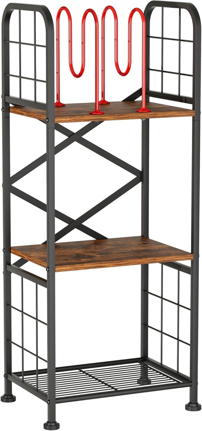 GIOTORENT Bathroom Towel Storage, 3-Tier Free Standing Towel Rack with M-Shaped Dividers, Wooden Towel Organizer for Bathroom, Towels Stand for Home and Pool, Black and Rustic