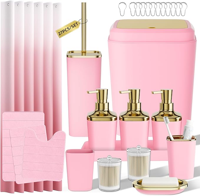 Bathroom Set - 27PC Bathroom Sets with Shower Curtain and Rugs, Pink Bathroom Set, Pink Bathroom Accessories Set with Push-lid Trash Can, Toilet Brush & Soap Dispensers