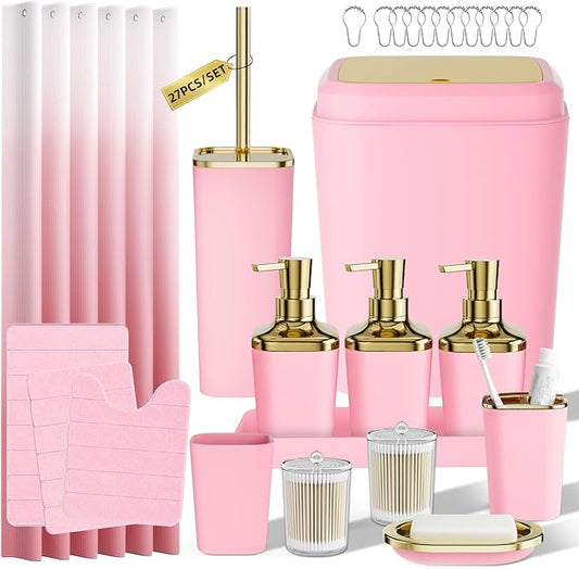 Bathroom Set - 27PC Bathroom Sets with Shower Curtain and Rugs, Pink Bathroom Set, Pink Bathroom Accessories Set with Push-lid Trash Can, Toilet Brush & Soap Dispensers