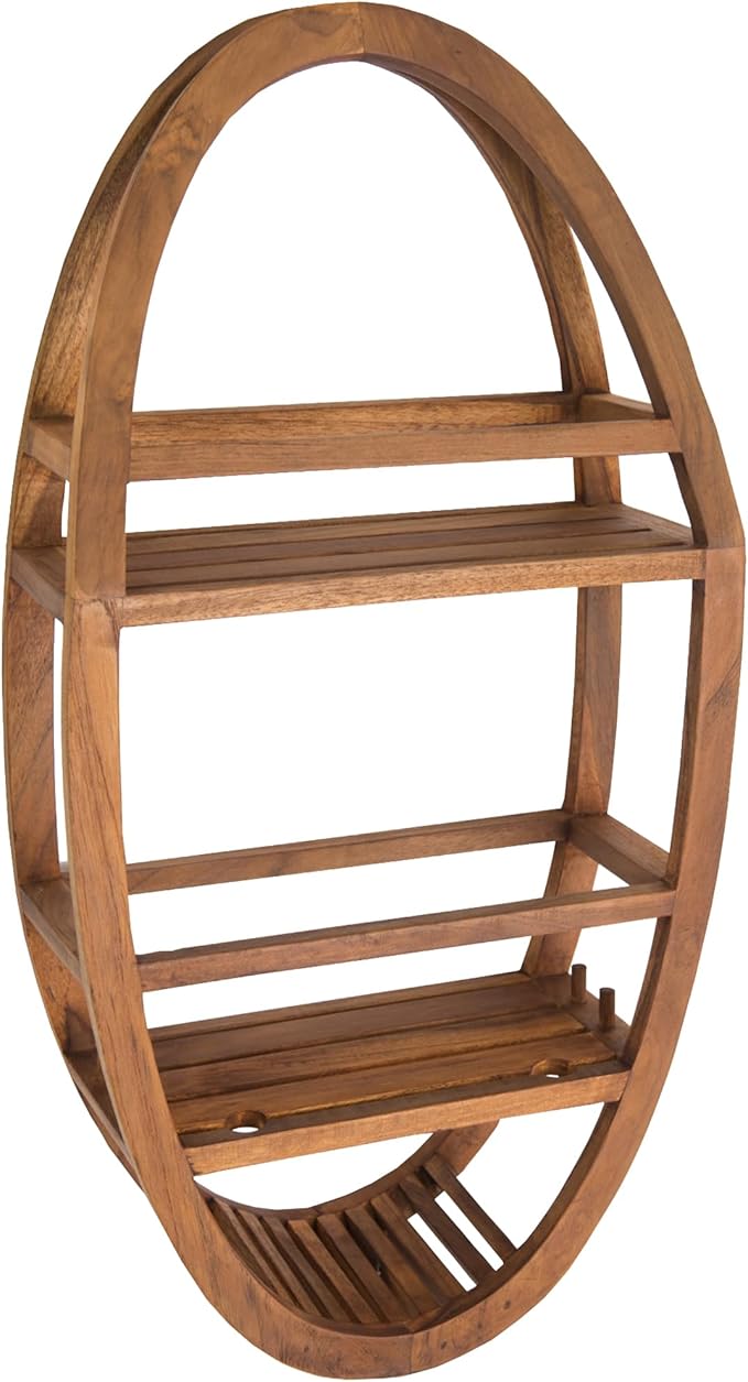 AquaTeak Patented Moa Oval Teak Shower Organizer - Hanging Shower Caddy with Wood Shelves, Hooks & Soap Holder - Durable, Water-Resistant Bathroom Storage with Space-Saving Design