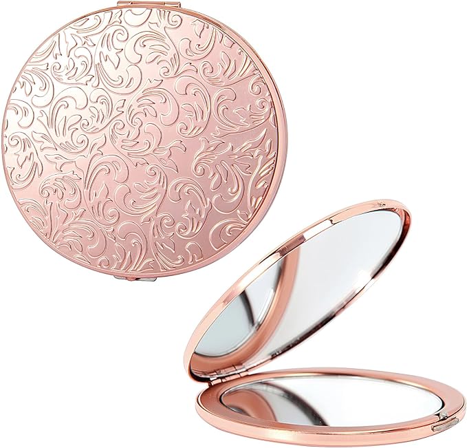 Oval Mini Portable Metal Folding Mirror, Beautiful and Elegant, Sturdy and Durable, 1X/2X Magnifier. (Oval Pattern Pink)