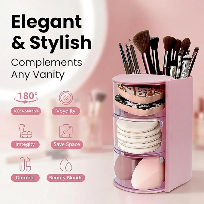 Hair Accessories Organizer with Hair Brush Holder - Rotatable Makeup Brush Organizer and Jewelry Storage Box for Necklaces, Earring, Bracelet, Makeup Brushes, Hair Clip and Hair Accessories (Pink)