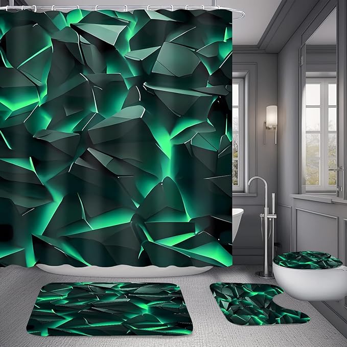Yizheer 4Pcs Green Geometry Rock Modern Bathroom Shower Curtain Set with 12 Rustproof Hooks Bath Mat Toilet Cover U Shaped Mat- PEVA Material, 72x72 Inches, Bathroom Curtain for Bathtub (Green)