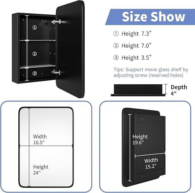 AGDULL Vintage-Style Bathroom Wood Black Cabinet with 16.5''x24'' Black Metal Frame Curved Mirror, Recessed Medicine Cabinet, in Wall or Surface Mount Bathroom Storage Cabinet