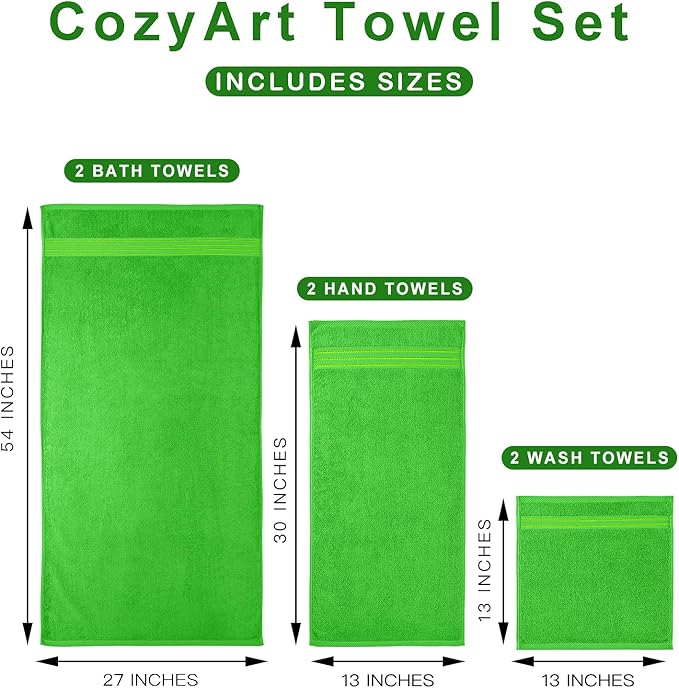 COZYART Spring Green Bath Towels for Bathroom 6 Pcs, Turkish Cotton Bath Towel Set Super Soft Highly Absorbent Durable 650 GSM Shower Towels for Daily Use